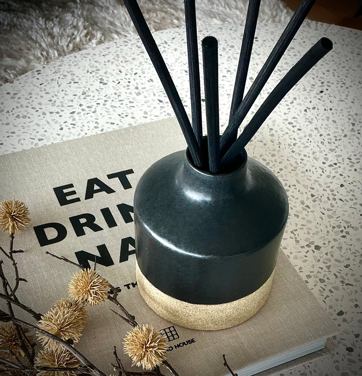 Designer artisan crafted Reed Diffuser Vase in stoneware and matt charcoal glaze.