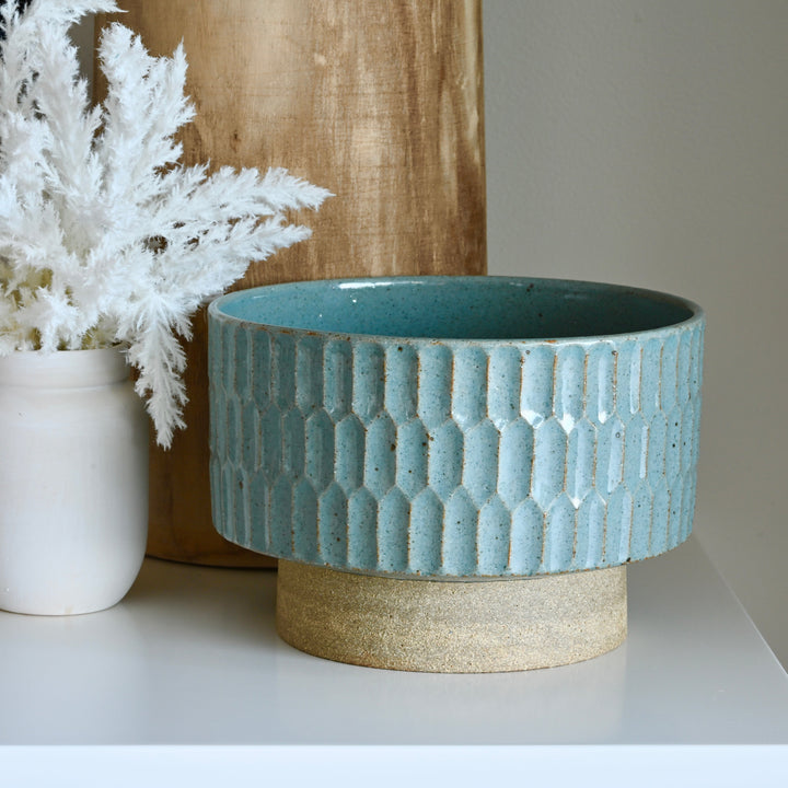 Oceanfront Large Designer artisan handcrafted ceramic vessel in stoneware with partial blue grey glaze